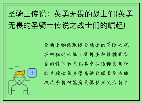 圣骑士传说：英勇无畏的战士们(英勇无畏的圣骑士传说之战士们的崛起)